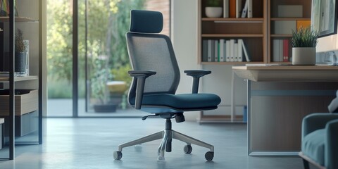 Modern office chair with mesh back and headrest.