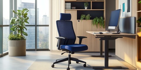 Modern office space with blue chair, desk, and plants.