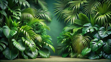 Vibrant green jungle foliage serving as a lush backdrop for displaying various products , greenery, tropical, vibrant, natural