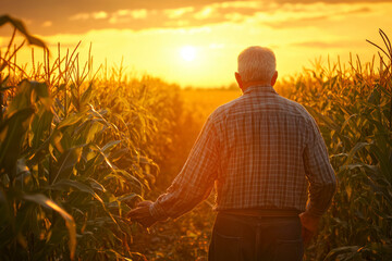 Fototapeta premium Rear view of senior farmer walking in corn field examining crop in his hands at sunset.