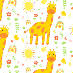 Pattern with Giraffe, Sun, Rainbow, and Flowers