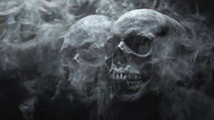 Ghostly fog surrounding human skull bones on a black background, capturing a chilling and spectral visual.