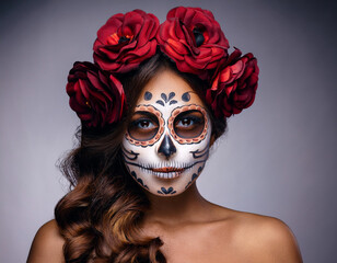 Day of the Dead Portrait of Woman with Skull and Bone Mask and Floral Hair Elements