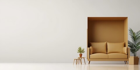 Cardboard Box with Open Door Showcasing Miniature Couch and Side Table