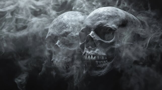 Ghostly fog surrounding human skull bones on a black background, capturing a chilling and spectral visual.