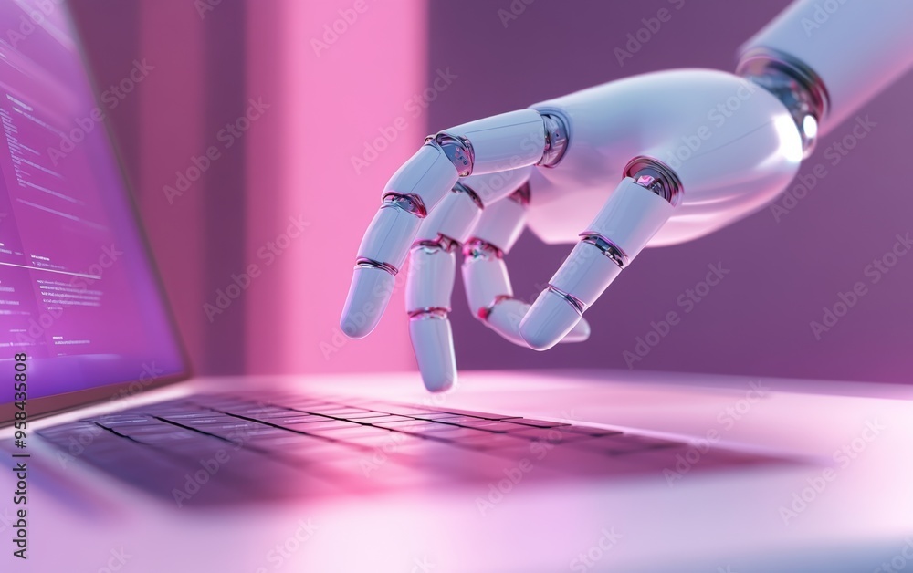 Poster ai robot hand on keyboard pointing at screen with soft pink lighting