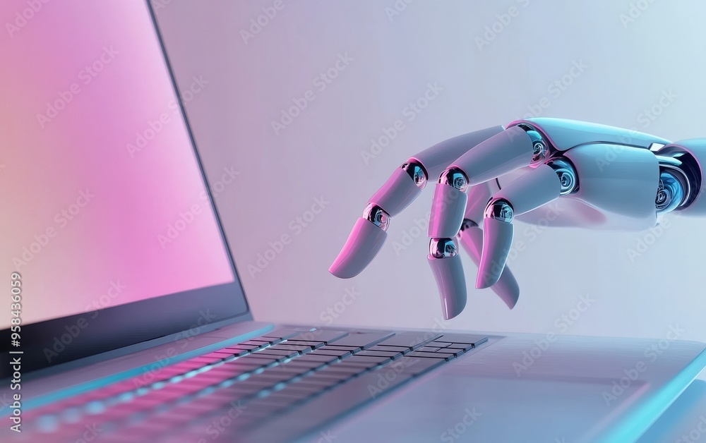 Poster ai robot hand on keyboard pointing at screen with soft pink lighting