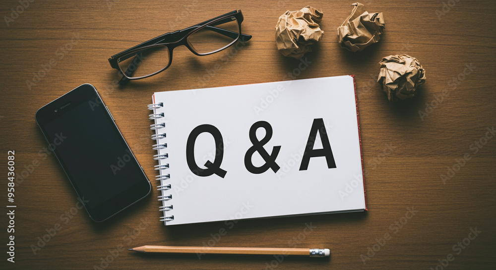Poster notebook with q&a notes on desk with smartphone and crumpled papers