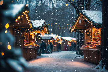 Twilight Christmas Market with Festive Lights and Snowfall  