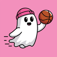 Cute Ghost Playing Basketball with Pink Background