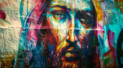 Fototapeta premium Photo of graffiti of Jesus Christ on a wall. Abstract colored background. Digital illustration.