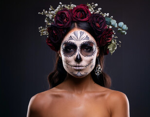 Day of the Dead Portrait of Woman with Skull and Bone Mask and Floral Hair Elements