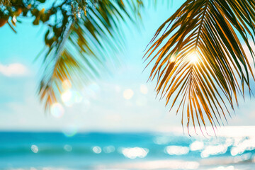 Summer palm tree and Tropical beach with blue of seashore background.