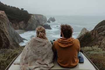 Wrapped in a blanket, a couple sits on the roof of a car, looking out over rugged ocean cliffs...