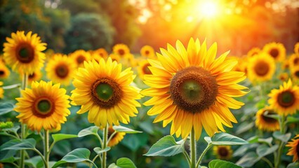 Fototapeta premium Vibrant sunflowers blooming in a beautiful garden, sunflowers, garden, nature, flora, yellow, petals, plants, sunlight, growth