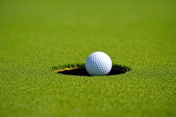 Golf ball nearing the hole on a vibrant green course, symbolizing precision and success in sports