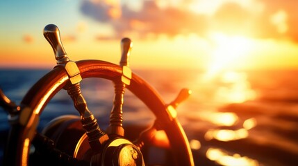 Close-up 3D illustration of a ship's steering wheel at sunset, golden rays highlighting the weathered wood and brass details, nautical and serene