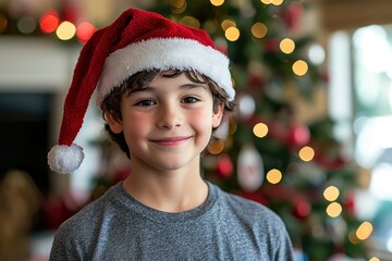 Young Boy Wearing a Santa Hat in Front of a Christmas Tree