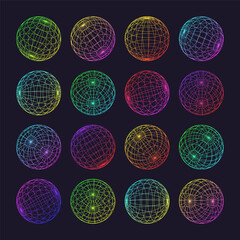 Neon wireframe shapes, lined sphere. Perspective mesh, 3d grid. Low poly geometric elements. Retro futuristic design elements, y2k, vaporwave and synthwave style. Vector illustration
