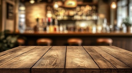 Cozy wooden table in a warm, inviting bar setting, perfect for dining or socializing in a relaxed atmosphere.