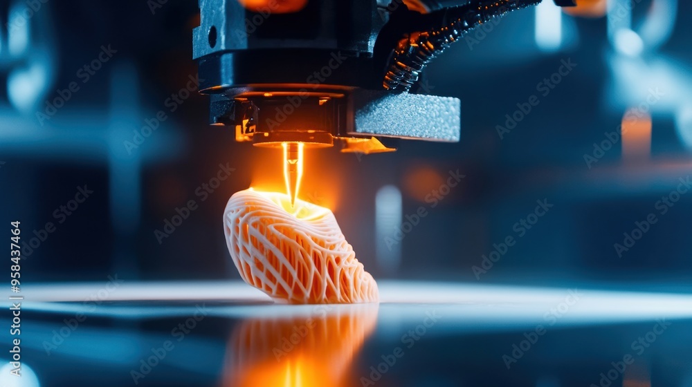 Poster dynamic shot of a 3d printer creating a complex white plastic model, emphasizing the advanced techno