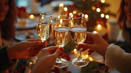Friends toasting with champagne glasses during a Christmas festive celebration, AI generated image Background