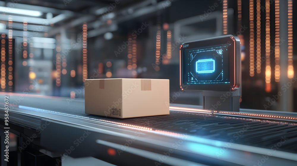 Poster parcel box on conveyor belt streamlining efficient logistics and shipping processes. automated trans