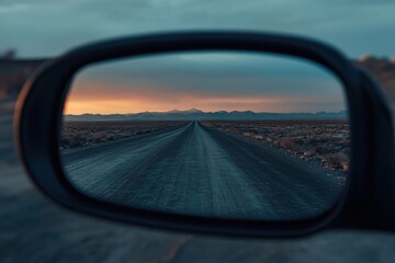 An endless, straight road is reflected in the rear view mirror of a car, reaching towards the horizon beneath a twilight sky with distant mountains in view.