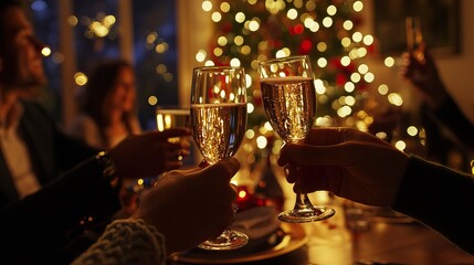 Naklejka premium Friends raising champagne glasses in a Christmas festive toast, AI generated image. Happy New Year Party Background