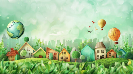 watercolor illustration, vintage postcard, World Habitat Day, cozy town, small houses, copy space, free space for text