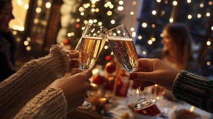 Friends raising champagne glasses in a Christmas festive toast, AI generated image. Happy New Year Party Background