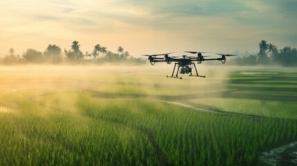 drone equipped with a precision sprayer flying over a field, applying a fine mist of pesticide to crops, with a focus on minimizing chemical use