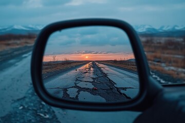 Fototapeta premium The image captures a rugged, cracked road during sunset, reflected in a car's side view mirror, portraying an adventurous journey through a picturesque, remote landscape.