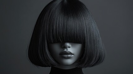 Stylish mannequin with sleek black hair, showcasing a modern and bold hairstyle against a dark backdrop.