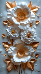 Obraz premium 3d paper white and gold white flowers with golden leaves, white background