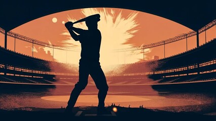 Silhouette of a Baseball Player Poised to Swing at Sunset Generative AI