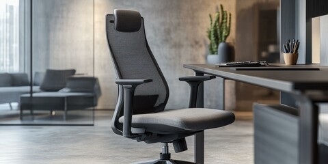 Modern office chair and desk with a plant.