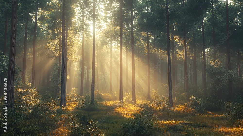 Poster sunlight filters through tall trees in a serene forest, creating enchanting patterns on the ground w