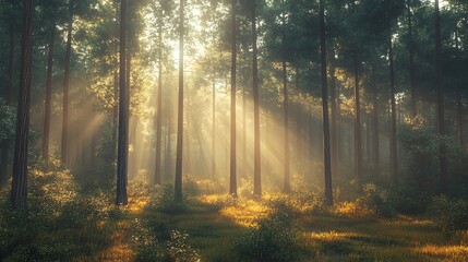 Obraz premium Sunlight filters through tall trees in a serene forest, creating enchanting patterns on the ground with soft golden hues.