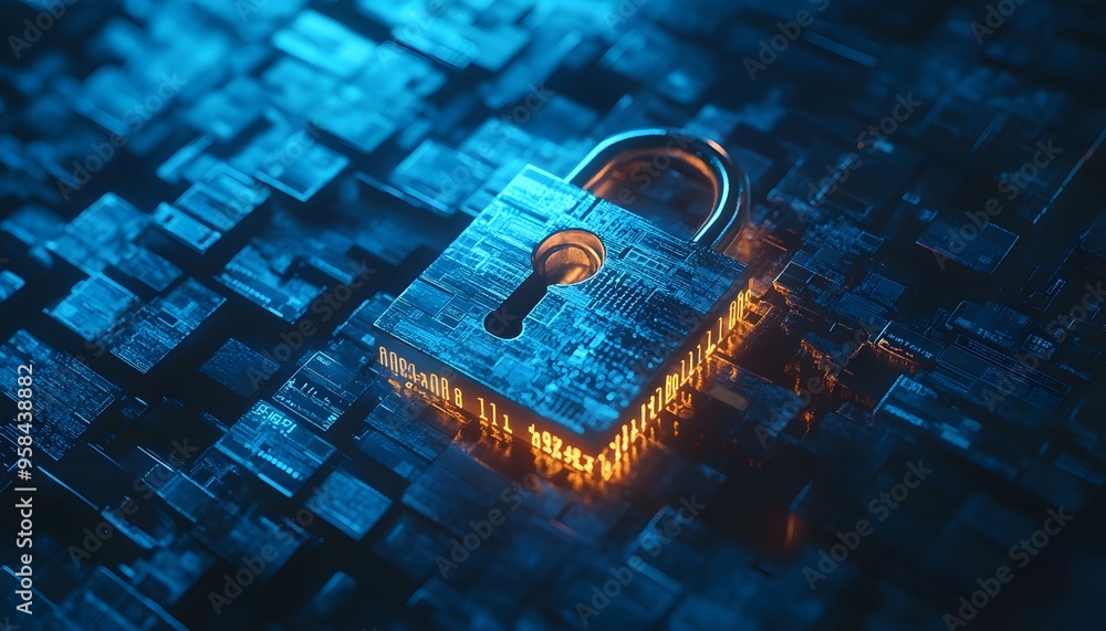 Poster digital lock on a circuit board, representing cybersecurity and data protection in a technological e