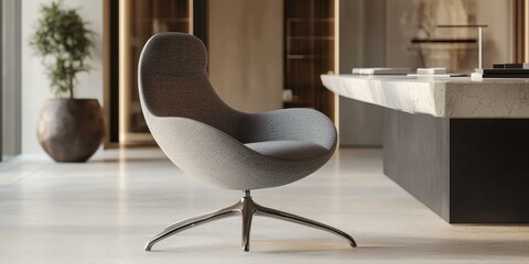 Modern gray chair with metal legs in a minimalist room.
