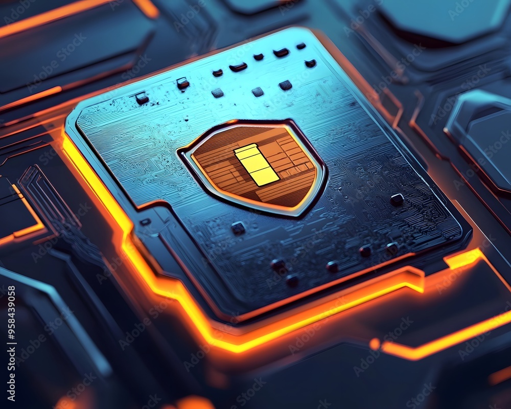 Poster futuristic circuit board with a glowing shield symbol, symbolizing technology and cybersecurity. ide