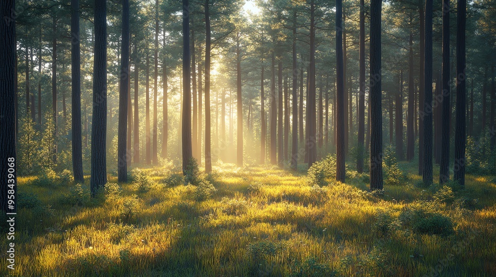 Poster Sunlight filters through tall trees in a serene forest, illuminating the vibrant greenery and creating a peaceful atmosphere.