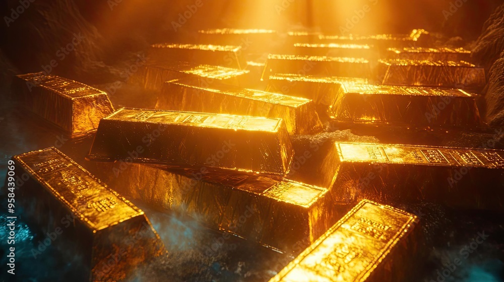 Poster a stunning display of golden bars illuminated by soft light, symbolizing wealth and prosperity in a 