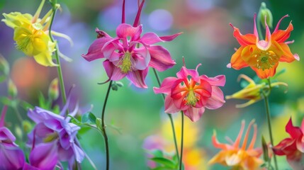 Close-up of colorful columbine flowers with their unique shapes and vibrant hues, adding a touch of elegance to a spring garden