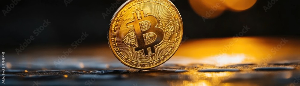 Poster close-up of a golden bitcoin on a dark surface, emphasizing its unique design and the growing import