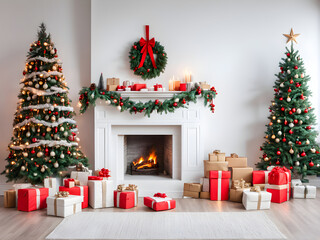 New Year decorated interior - bright room with Christmas decoration - fir-tree, gift boxes, fireplace decorated with garlands