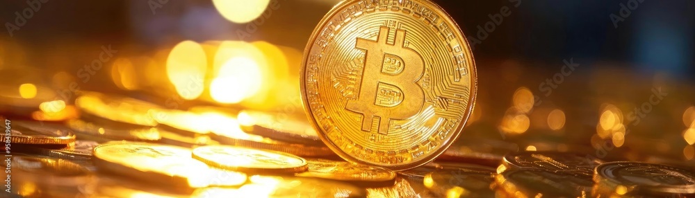 Wall mural Shiny Bitcoin coin on a golden background, symbolizing digital currency and investment opportunities in the cryptocurrency market.