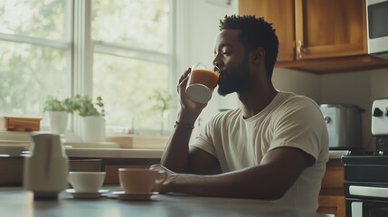 Fototapeta premium Man enjoying a refreshing morning beverage in a cozy kitchen filled with natural light