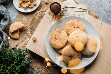 shortbread cookies on a white plate, christmas, holiday dessert, christmas cookies, cinnamon, brown sugar, flatlay